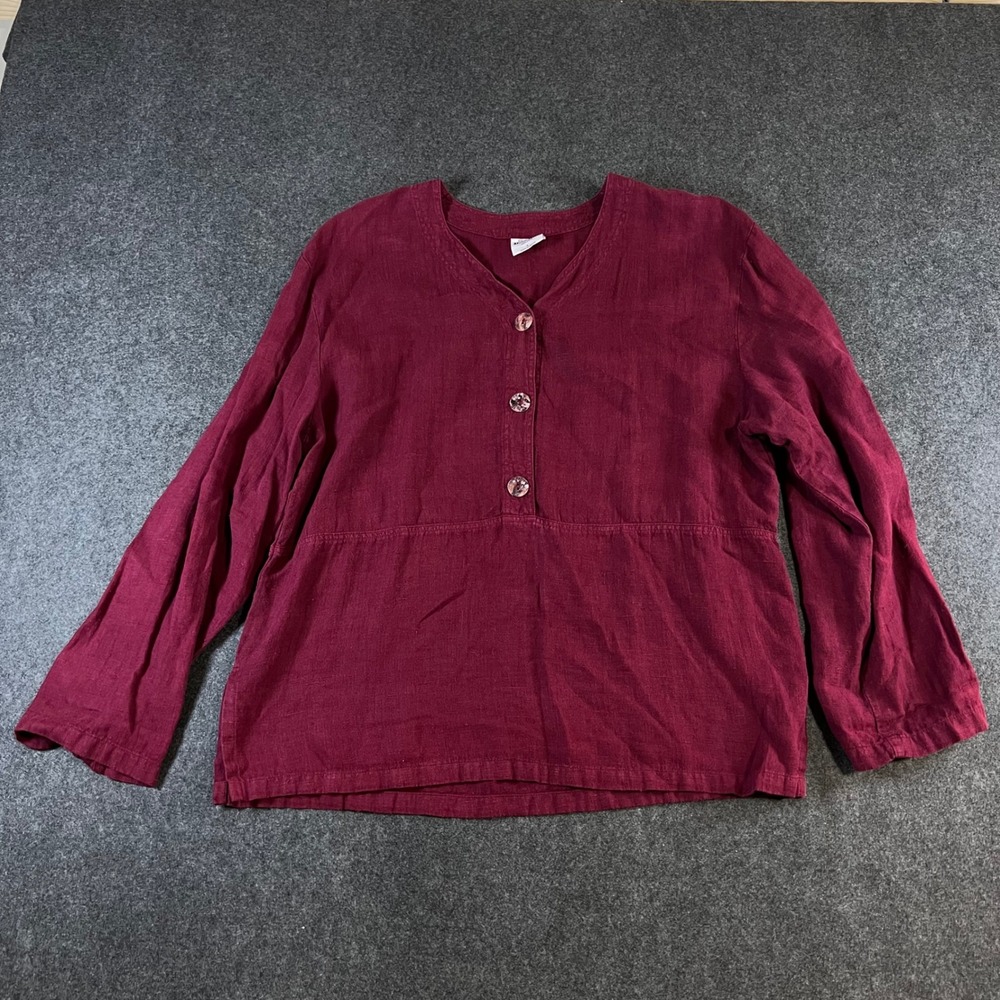 California Threads Womens Large 100% Linen Tunic Burgundy Button Front Top USA